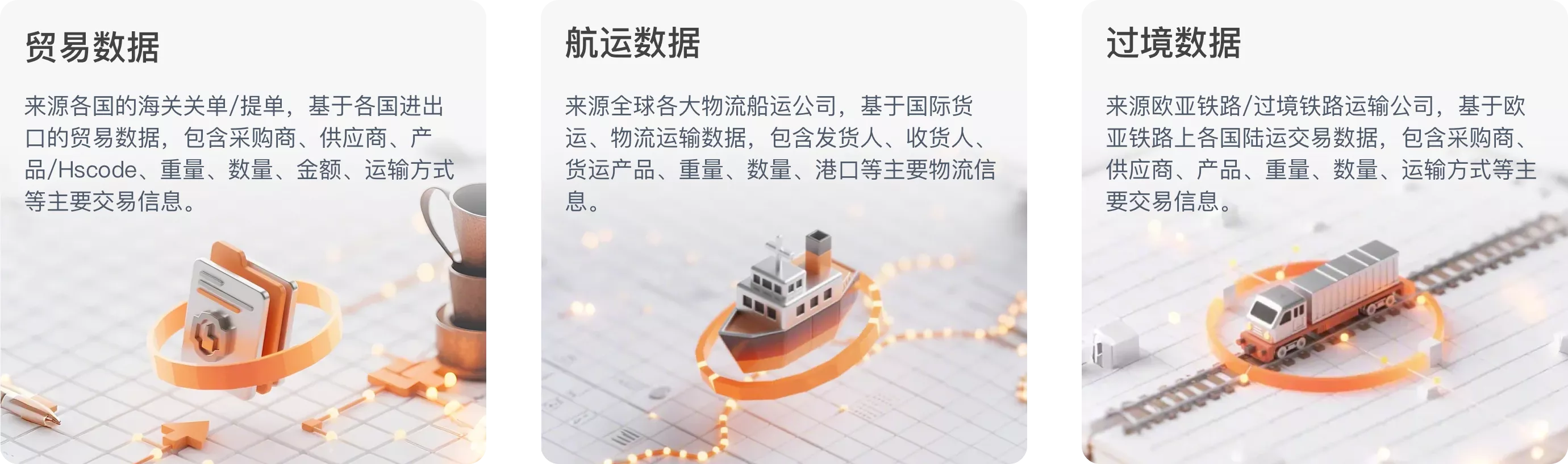 来源各国的海关关单/提单，基于各国进出口的贸易数据，包含采购商、供应商、产品/Hscode、重量、数量、金额、运输方式

来源全球各大物流船运公司，基于国际货运、物流运输数据，包含发货人、收货人、货运产品、重量、数量、港口等主要物流信息。